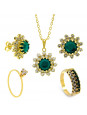 Conjunto Girassol Solitário Gargantilha Brincos Aliança Verde Esmeralda Banhado Ouro Amarelo 18 k - KIT16440