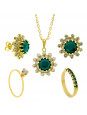 Conjunto Girassol Gargantilha Solitário Brincos Meia Aliança Verde Esmeralda Banhado Ouro Amarelo 18 k - KIT16444