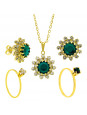 Conjunto Girassol Solitário Gargantilha Brincos Verde Esmeralda Banhado Ouro Amarelo 18 k - KIT16433 