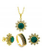 Conjunto Girassol Gargantilha Brincos Aliança Verde Esmeralda Banhado Ouro Amarelo 18 k - KIT16425