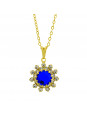 Conjunto Girassol Gargantilha Brincos Aparador Azul Safira Banhado Ouro Amarelo 18 k - KIT16416