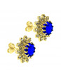 Conjunto Girassol Gargantilha Brincos Aparador Azul Safira Banhado Ouro Amarelo 18 k - KIT16416