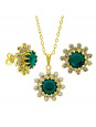 Conjunto Girassol Solitário Gargantilha Brincos Aliança Verde Esmeralda Banhado Ouro Amarelo 18 k - KIT16440