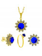 Conjunto Girassol Solitário Gargantilha Brincos Azul Safira Banhado Ouro Amarelo 18 k - KIT16420